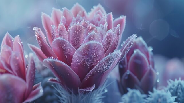 Macro view showcases the delicate cactus flower petals dusted with frost, imbuing them with a cool, wintry charm.