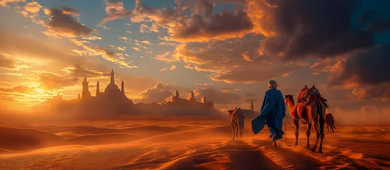 Fototapeten Arabic person going to a city from the desert with camels  © andreac77