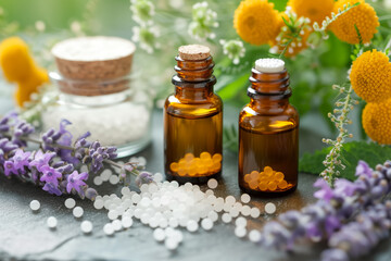 homeopathic natural preparations on a floral background