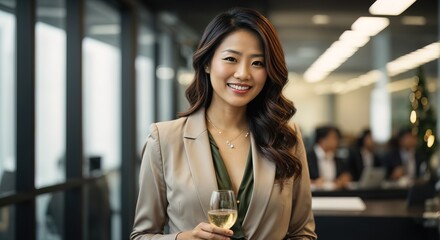 Asian business woman standing celebrating holiday in modern office holding glass of champagne
