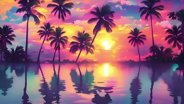Make a splash in this colorful featuring a tropical print of dreamy sunsets and swaying palm trees.