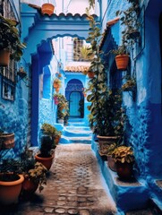 Fototapeta na wymiar Narrow Alley With Blue Walls and Potted Plants. Printable Wall Art.