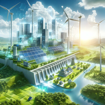 A conceptual image showcasing the integration of green energy solution and sustainable power engineering. The image depicts a futuristic city powered by solar panels, wind turbines, city,Ai generated 