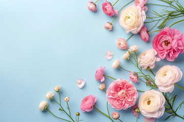 Delicate pink flowers on a blue background