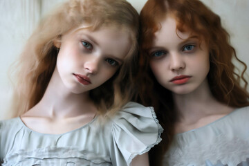 Obraz premium Portrait of two young girls in simple white dresses.
