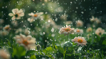 A gentle spring rain nourishing a blooming flower garden. - obrazy, fototapety, plakaty