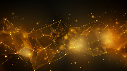 Abstract technology background of a quantum computing system with a cyber network grid and connected particles. Artificial neurons, global data connections, Yellow network structure with dark backgro
