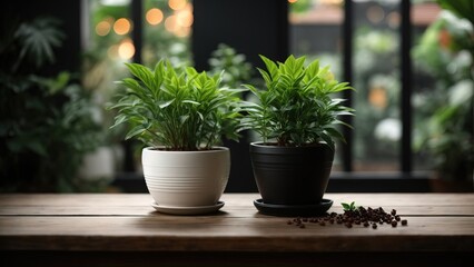 Wooden table with potted plants