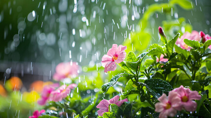 A gentle spring rain nourishing a blooming flower garden. - obrazy, fototapety, plakaty