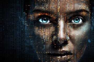 portrait of a woman with 3D cubes and shapes, and particles around her face, symbol of augmented reality and computer technologies of future, concept of cybernetics, biomechanics and robotics