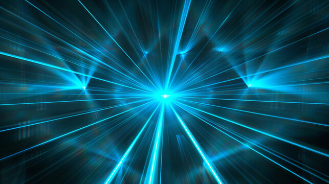 Blue beams of bright laser light shining on black background. Generative AI