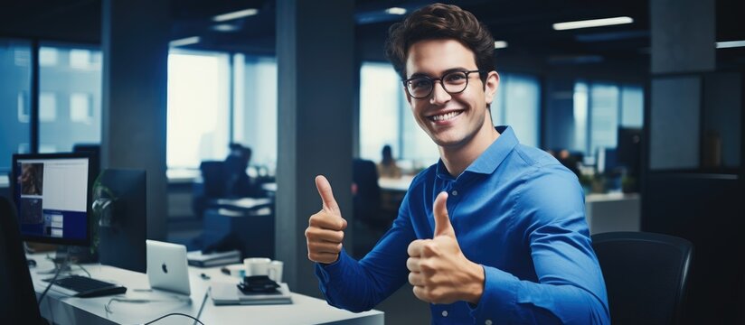 Indoor loft office: Freelance IT specialist, young man in blue shirt, wearing glasses, poses happily, giving thumbs up in a photo.