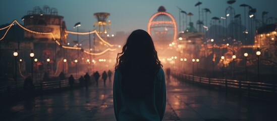 Lonely girl without friends at theme park feeling sad - obrazy, fototapety, plakaty