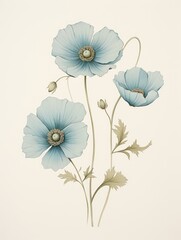 Three Blue Flowers on White Background. Printable Wall Art.