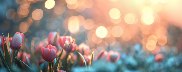 Pink Tulip Flowers on a pastel spring gold bokeh background with bokeh defocused glitter for Easter day backdrop with empty space for text. Happy Easter template celebrate - obrazy, fototapety, plakaty
