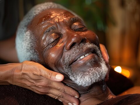 Elderly black man enjoying relaxing massage at spa salon