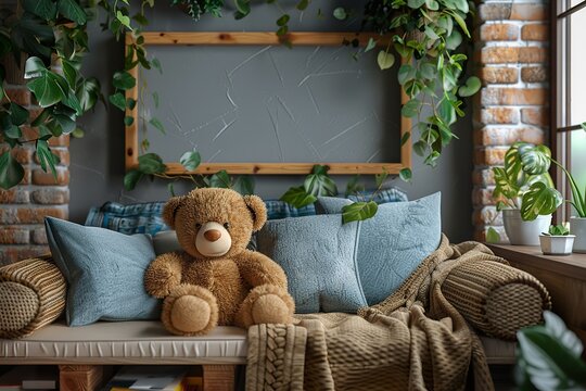 Mock up frame in children room interior background, 3D render
