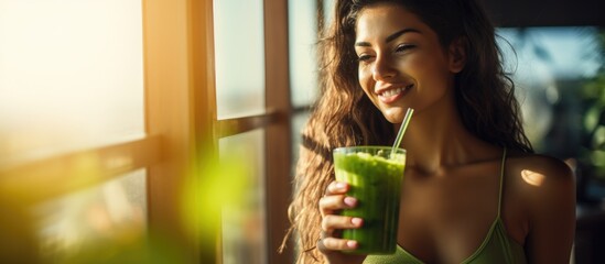 Fit woman drinking her nutritious green detox drink.