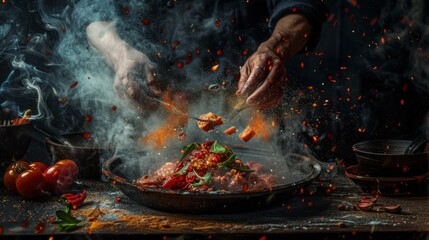 Artistry of food processing as skilled hands transform raw ingredients into delectable culinary creations - obrazy, fototapety, plakaty
