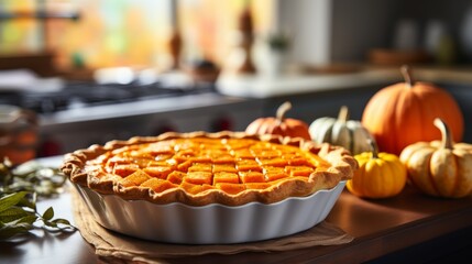 Fresh southern-style sweet potato pie on blurred kitchen background with copy space for text. Thanksgiving Day