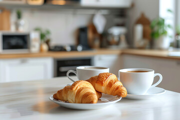 Two cups of coffee and fresh croissant on white table