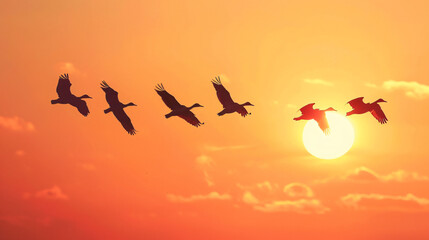 A group of birds flying in silhouette against the setting sun.