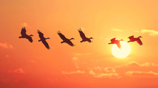 Fototapeta A group of birds flying in silhouette against the setting sun.