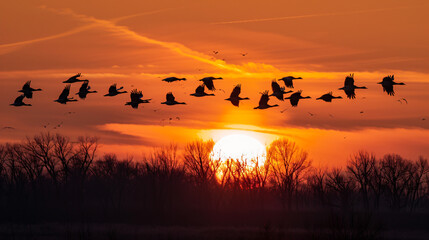 A group of birds flying in silhouette against the setting sun. - obrazy, fototapety, plakaty