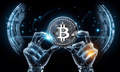Robotic hands with intricate blue circuitry encircle a Bitcoin against a backdrop of digital data, illustrating the secure and complex nature of cryptocurrency technology. The image serves as a