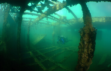 A diver in a sunken ship on Long Island in Venezuela