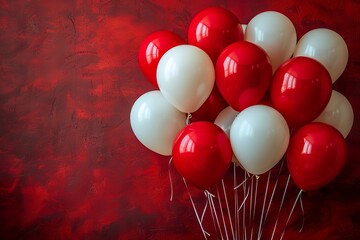 red and white heart balloons on red background