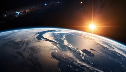  Panoramic view of the Earth, sun, star and galaxy. Sunrise over planet Earth, view from space. Elements of this image furnished by NASA created with generative ai.