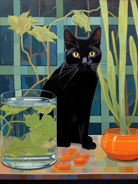 Black Cat Beside Glass of Water. Printable Wall Art.