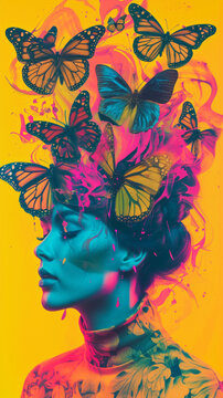 Trendy fashion magazine cover with a woman with butterflies on head and face. Pop art style. Modern Art. Generative AI