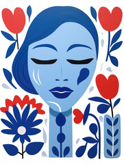 Woman With Blue Hair and Flowers Painting. Printable Wall Art.