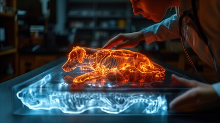 The veterinarian touches the hologram and scans the dog's structure. Diagnose your dog's illness medical technology concept.