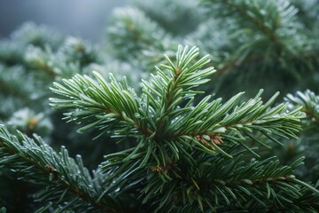 Frosted tips of evergreen needles on a misty morning