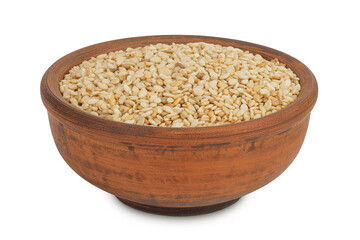 Sesame seeds in ceramic bowl isolated on white background with full depth of field
