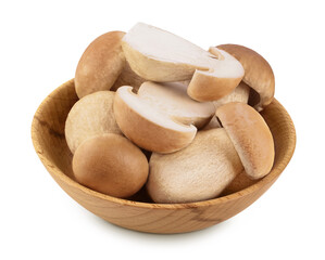 Fresh porcini cep mushroom in wooden bowl isolated on white background with full depth of field