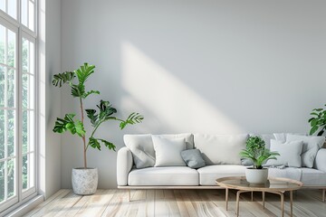 Modern scandinavian interior of living room with couch