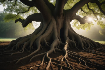 Scene of a tree with deep roots, cinematic light