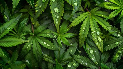 Cannabis plants exhibit a pattern of overcrowding, with water droplets visible on some leaves. - obrazy, fototapety, plakaty