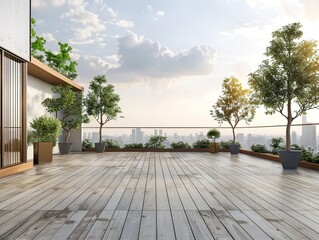 Fototapeta premium Empty outdoor roof terrace with potted plants in minimal style