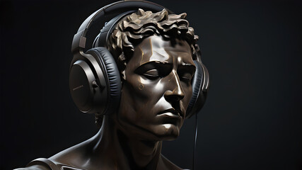 god listens to music, the head of an abstract fictional ancient male statue in modern music headphones, listens to music on a dark background, classical music - obrazy, fototapety, plakaty