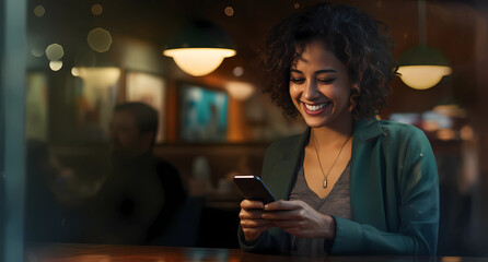 a woman smiles at her cellphone in a restaurant