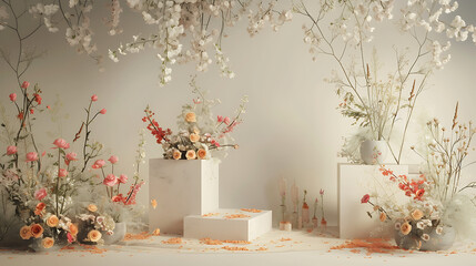 A small podium adorned with delicate flowers, creating an intimate and charming setting for showcasing special products