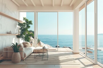 Modern living room with couch overlooking on ocean. Scandinavian interior