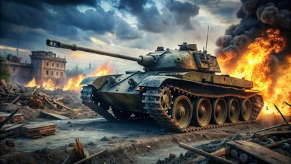 Deurstickers abondend tank in war, fire © bingo