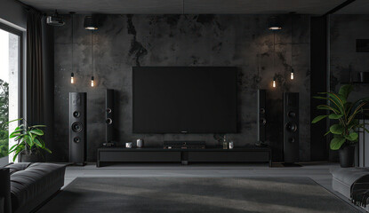 Modern Living: Contemporary White Interior Design with Blank TV Screen and Wooden Furniture in a Light-Filled Living Room