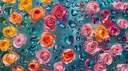 Colorful roses pattern, slightly overcrowded, with some water drops. Photorealistic. Fine exposure on a sunny day.